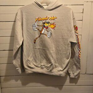 Cheetos Flamin Hot Hoodie Mens M Cream Pullover Graphic Kangaroo Pocket Sleeve